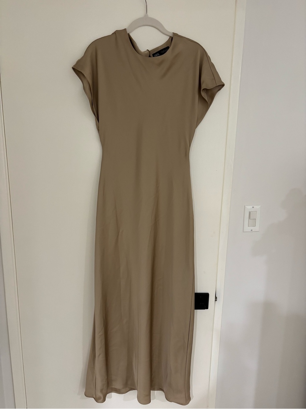 Zara Satin Taupe Cap-Sleeve Maxi Dress
